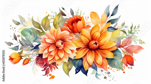 Watercolor painting of flowers and leaves isolated on white backgroundcreated with Generative AI technology
