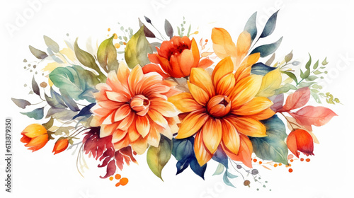 Watercolor painting of flowers and leaves isolated on white backgroundcreated with Generative AI technology photo