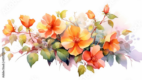 Watercolor painting of flowers and leaves isolated on white backgroundcreated with Generative AI technology © Oksana