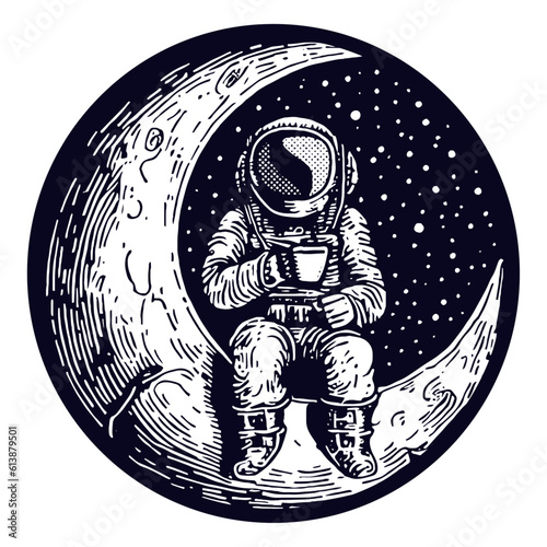 astronaut sitting on a moon with a cup, emblem sketch