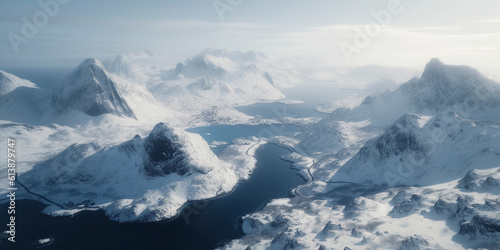 Aerial view of snowy landscape with high mountains by the sea.Image ai generate. Generative AI © Creative Clicks