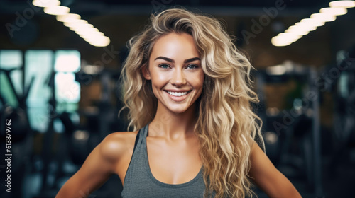 Portrait of a blonde Happy woman fitness trainer, radiating strength and determination, inspiring a healthy lifestyle. generative AI.