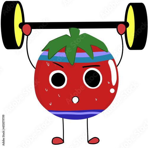 Cartoon tomato character heavy weight lifting  . Cute sporty tomato character making cardio workout. hand drawing cartoon, PNG illustration.