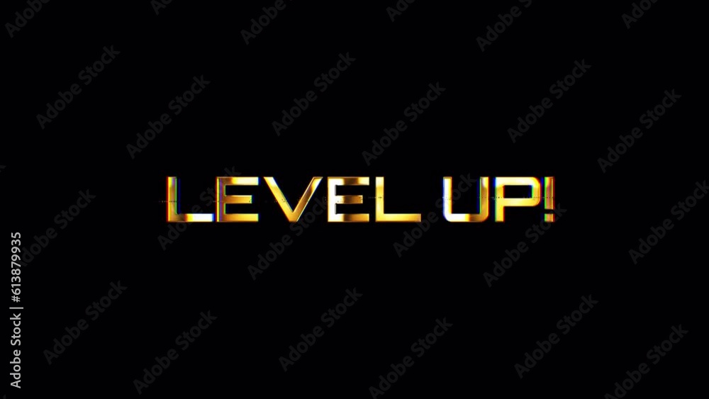 Loop animation of Level Up cinematic trailer title golden glittering text glitch effect on black background isolated transparent video animation text with alpha channel using Quick time prores 444 ren Loop animation of Level Up cinematic trailer title golden glittering text glitch effect on black background isolated transparent video animation text with alpha channel using Quick time prores 444 ren