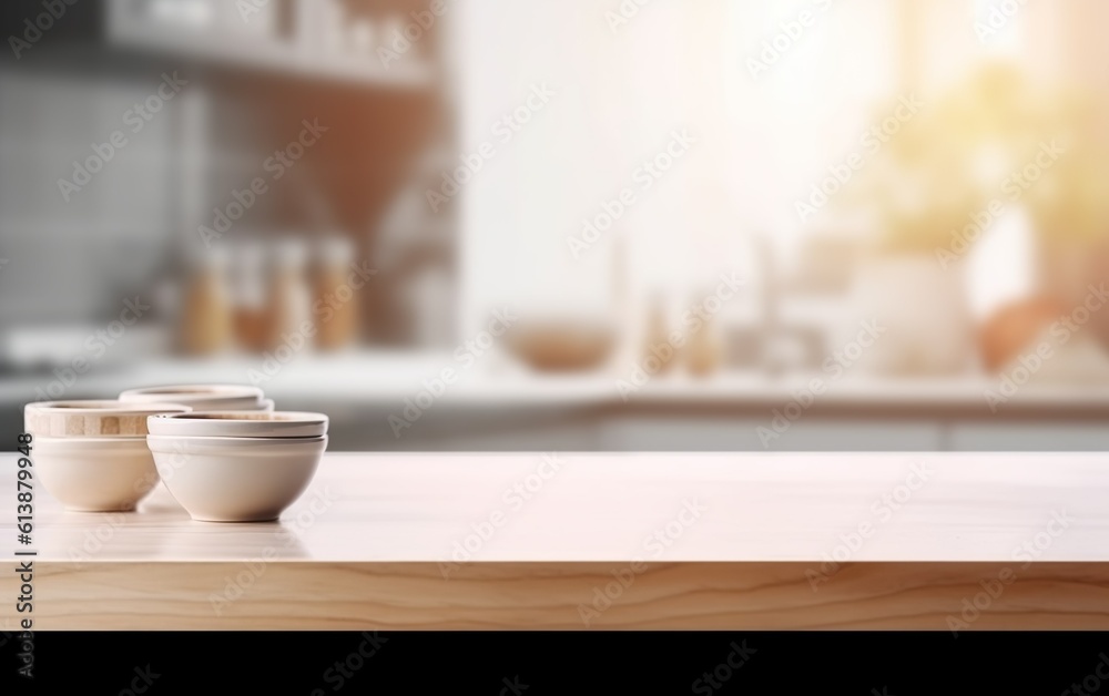 Wooden cups on a wooden table in the kitchen. AI, Generative AI Wooden cups on a wooden table in the kitchen. AI, Generative AI