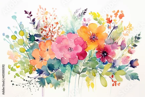 Obraz Akwarela, kolorowe kwiaty i liście, stworzona przy użyciu AI