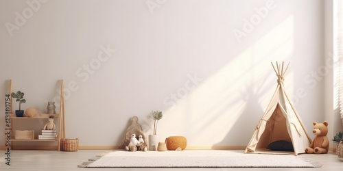 AI Generated. AI Generative. Children bedroom living play room. Cozy decoration wall mock uo with wigwam. Graphic Art