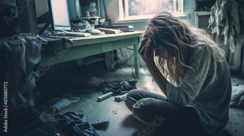 Vulnerable woman at home, experiencing depression and burnout, conveying emotional struggle and mental exhaustion. drug addiction generative AI.
