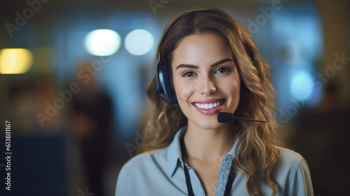 Professional woman in a call center, wearing a headset, providing excellent customer service with a friendly and helpful demeanor. Smiling generative AI.