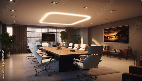 Experience the epitome of a smart office conference room  featuring state-of-the-art technology  exceptional lighting  and a clean  modern ambiance.