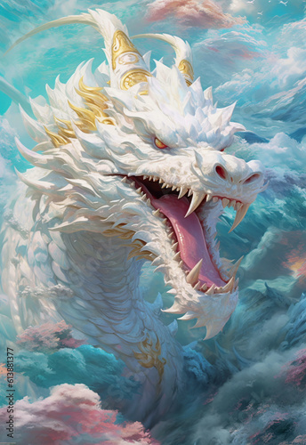 AI-generated illustration depicting a fierce white dragon as a metaphor for the profound connection with one's inner self. Mythical presence. Chinese culture.  © Guttersnipe