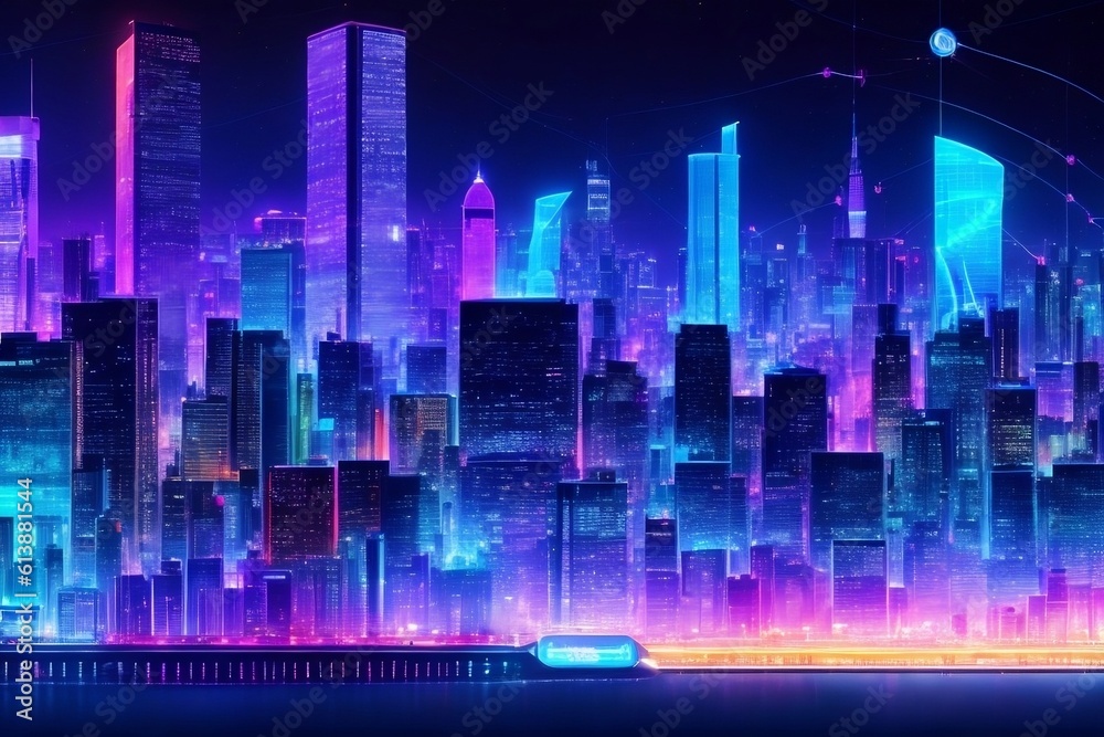 city skyline at night. Connected City Lights: Illuminating a Sustainable and Innovative Smart City. City infrastructure hologram. colorful