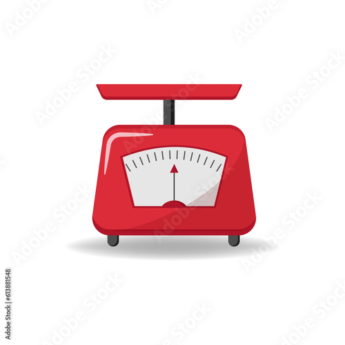 Vector illustration red weight scale on white background. Weighing scales with pan and dial for weight measurement. Kitchen appliances or measuring tool