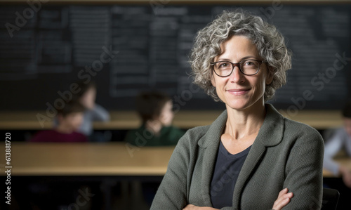 Inspiring portrait of a curly woman lecturer at the university, sharing knowledge, empowering the next generation. generative AI. photo