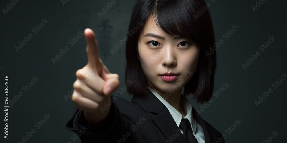 Asiatische Hübsche Frau zeigt mit Finger den Weg, ai generativ Asiatische Hübsche Frau zeigt mit Finger den Weg, ai generativ