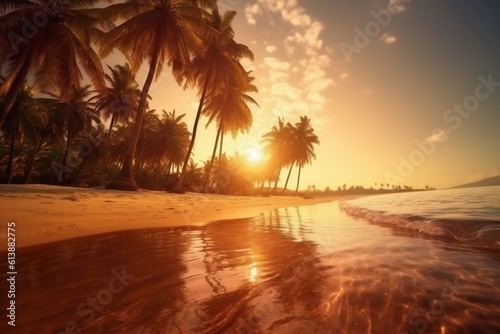 sun sunrise beach landscape palm sea ocean island sunset sky. Generative AI.