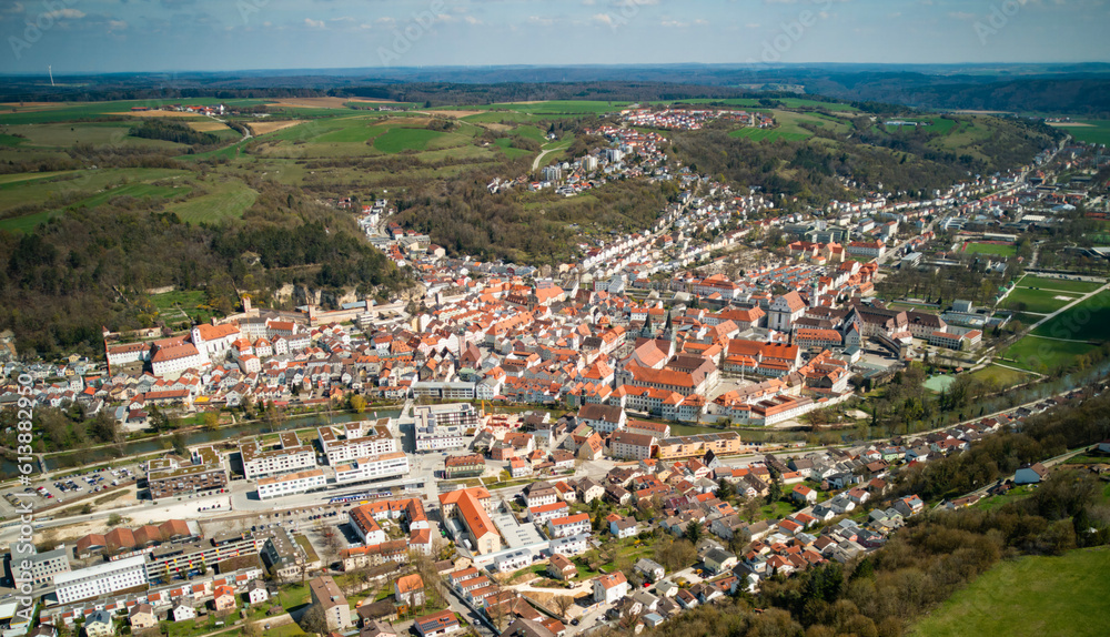 Aerial around the old town Eichstätt in Germany on a sunny day in spring	