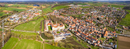 Aerial around the old town Ellingen in Germany on a sunny day in spring 