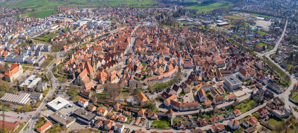 Aerial around the old town Weißenburg in Germany on a sunny day in spring	