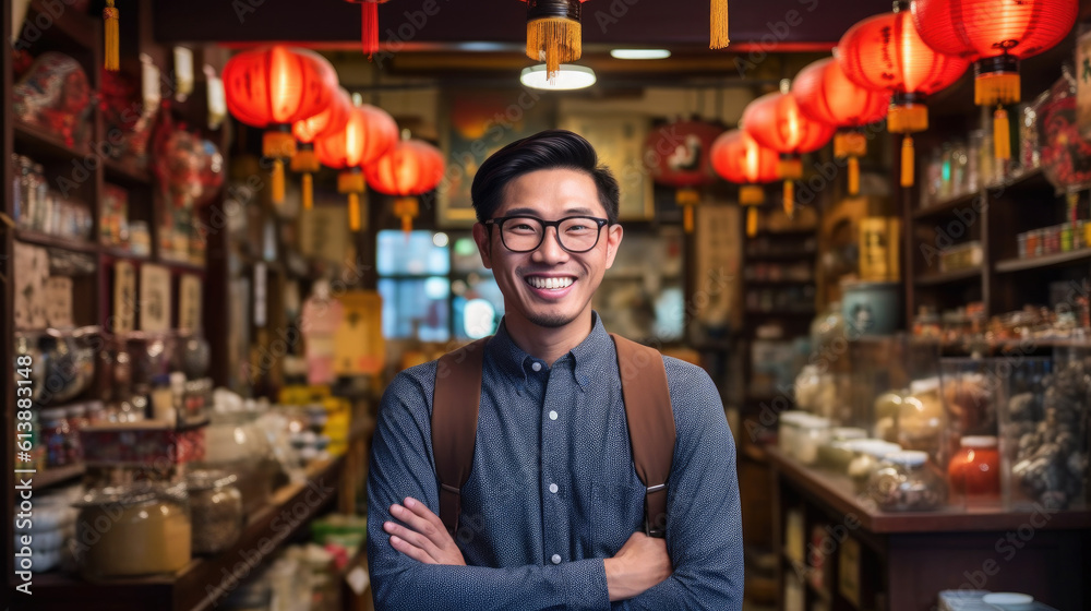 An engaging Asian seller warmly greets customers in a vibrant Chinese store, exuding professionalism and a welcoming demeanor. generative AI.