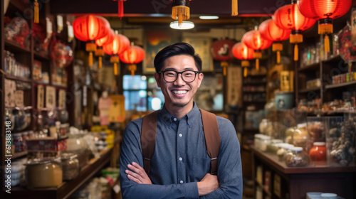 An engaging Asian seller warmly greets customers in a vibrant Chinese store, exuding professionalism and a welcoming demeanor. generative AI.
