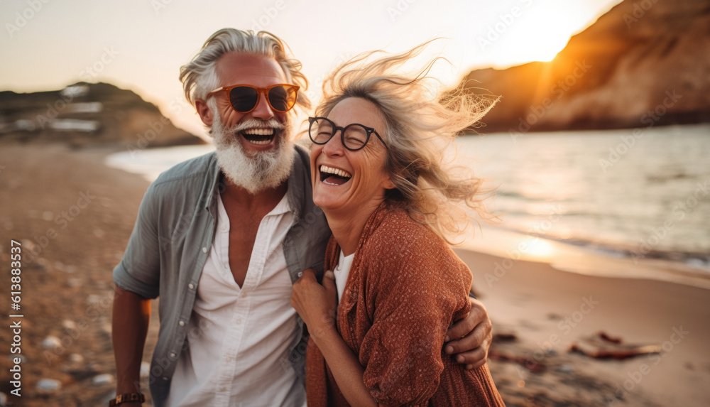A portrait of an older couple with grey hair having fun and laughing on a beach A portrait of an older couple with grey hair having fun and laughing on a beach