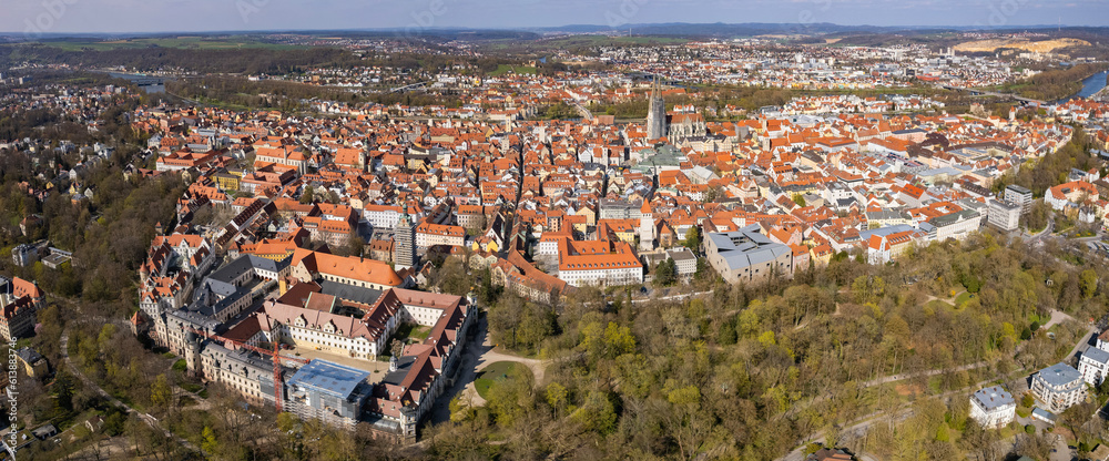Aerial view around the old town of the city Regensburg on an early spring day	