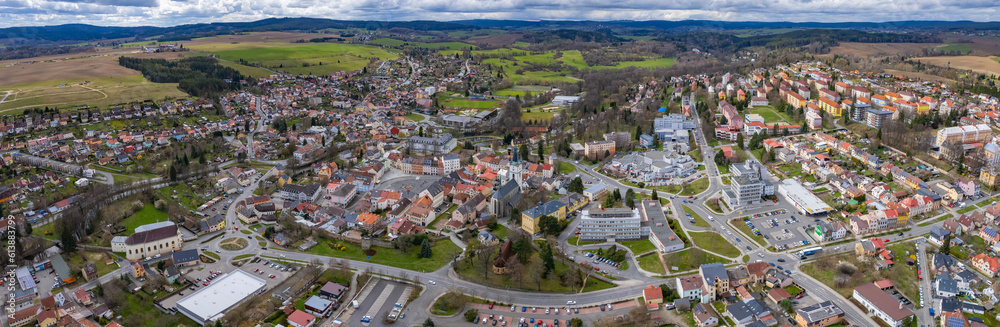 Aerial view around the old town of the city Tachov on an early spring day	