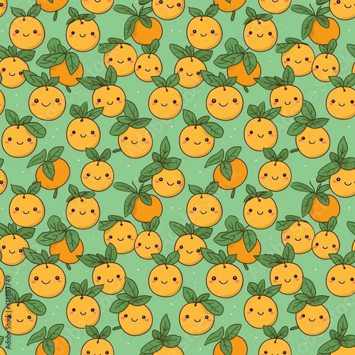 Cartoon seamless pattern with cute funny oranges on green background. Generative AI.
