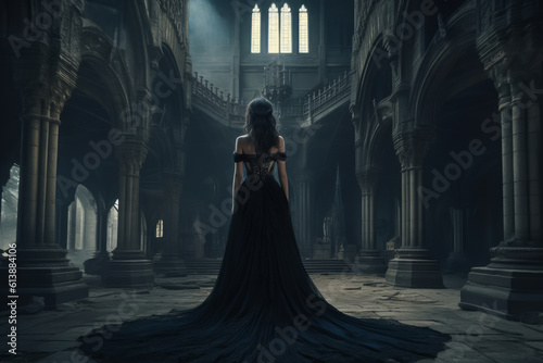 Illustration Fantasy girl princess in beautiful dress and magic gothic castle in background. Generative AI woman queen silhouette long train skirt.
