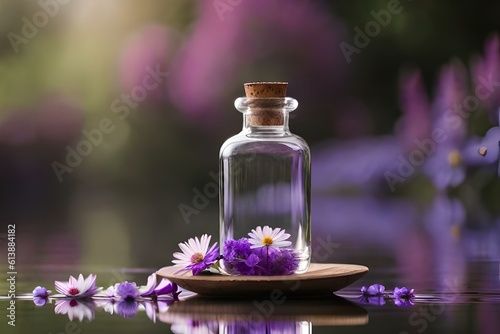 A bottle of flowers scent with purple flowers - Generative AI Technology