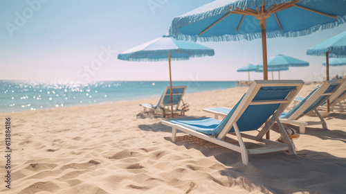 summer beach vacation - holiday on a sunny beach with beach loungers on the mediterranean coast