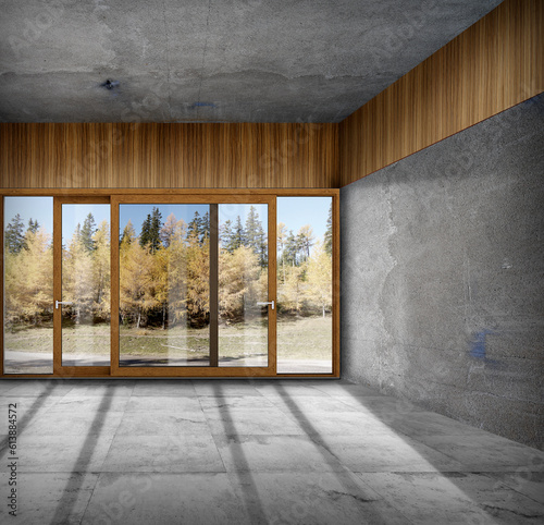 Room with concrete walls and large windows