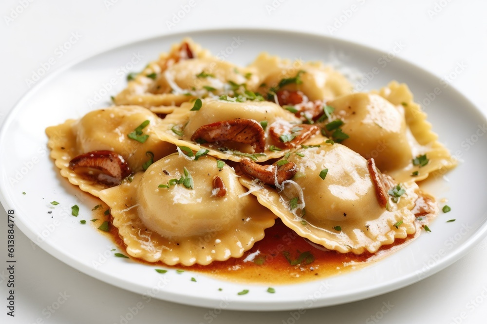Delicious Plate of Mushroom Ravioli Isolated on a White Background Delicious Plate of Mushroom Ravioli Isolated on a White Background