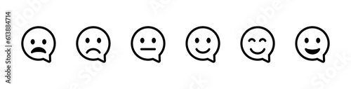 Smile chat icon. Speech bubble face icon. Emoji smile icons collection