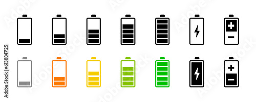 Battery icon collection. Battery indicator icons set. Charge indicator collection. Level battery energy icon
