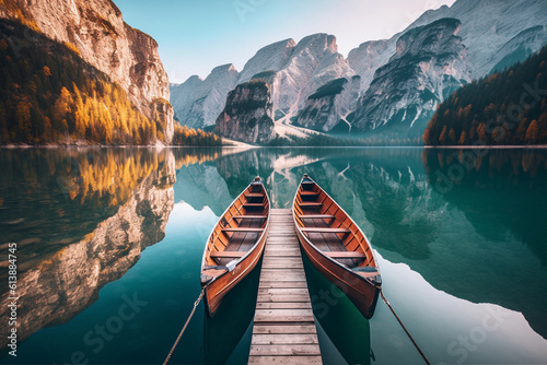 Boats on the Braies Lake( Pragser Wildsee) in Dolomites mountains, Sudtirol, Italy.Image ai generate photo
