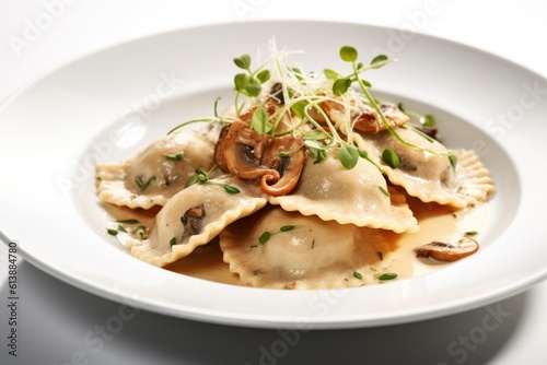 Delicious Plate of Mushroom Ravioli Isolated on a White Background