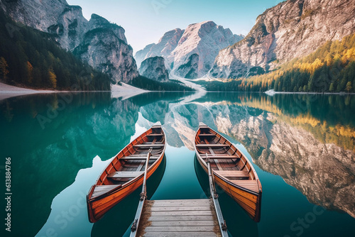 Boats on the Braies Lake  Pragser Wildsee  in Dolomites mountains  Sudtirol  Italy.Image ai generate