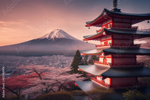 Fujiyoshida  Japan Beautiful view of mountain Fuji and Chureito pagoda at sunset  japan in the spring with cherry blossoms.Image ai generate