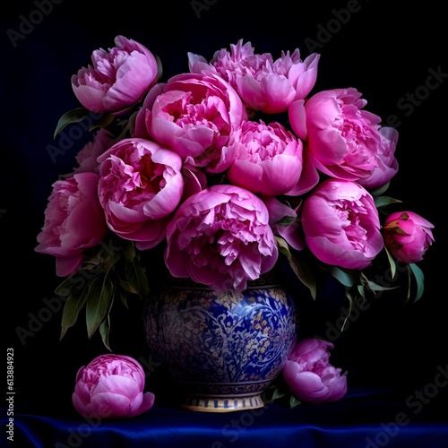 Big bouquet of pink peonies in vase on dark background  © Marina