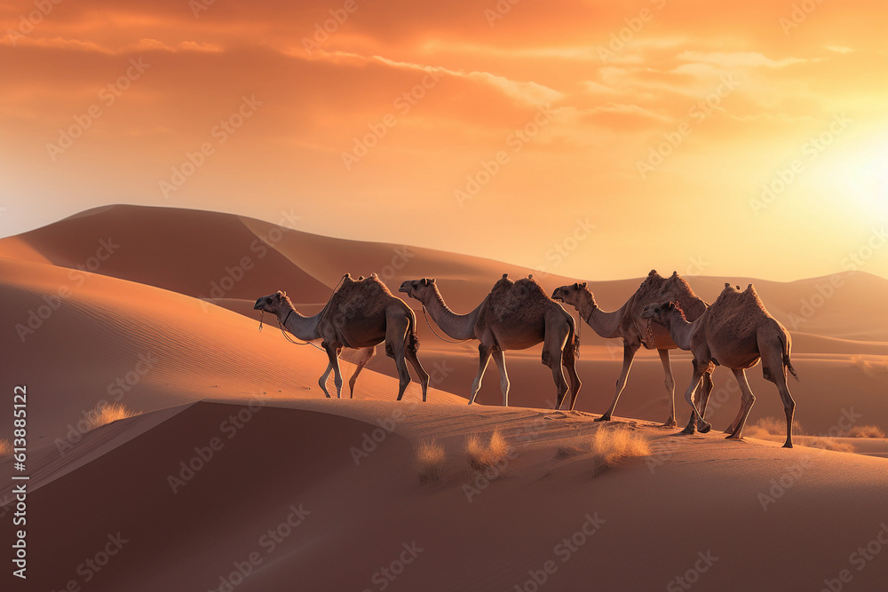 Golden dunes with camels.Image ai generate - obrazy, fototapety, plakaty 