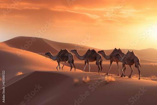 Golden dunes with camels.Image ai generate