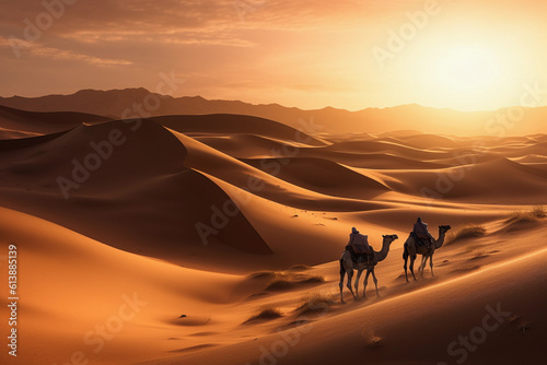 Golden dunes with camels.Image ai generate