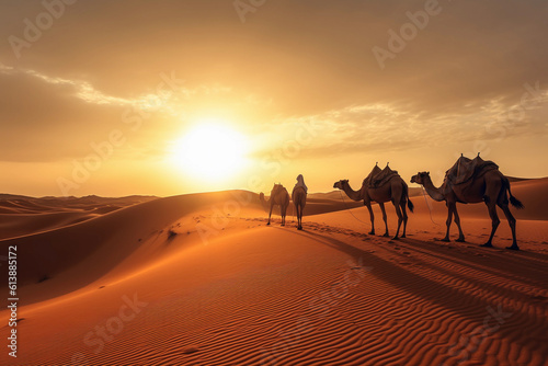 Golden dunes with camels.Image ai generate