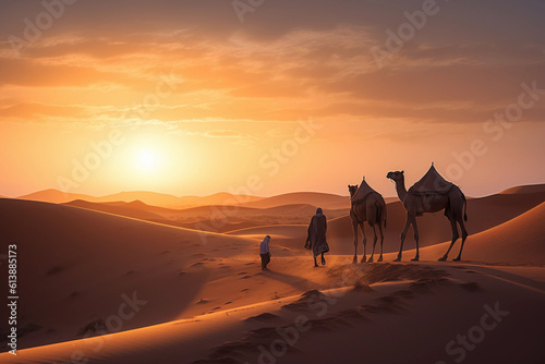 Golden dunes with camels.Image ai generate