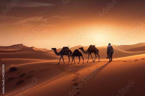 Golden dunes with camels.Image ai generate