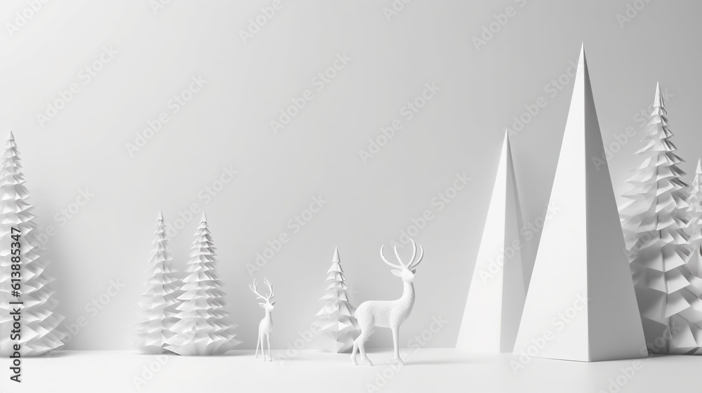 A group of paper christmas trees and deer. Generative AI background with copy space. A group of paper christmas trees and deer. Generative AI background with copy space.
