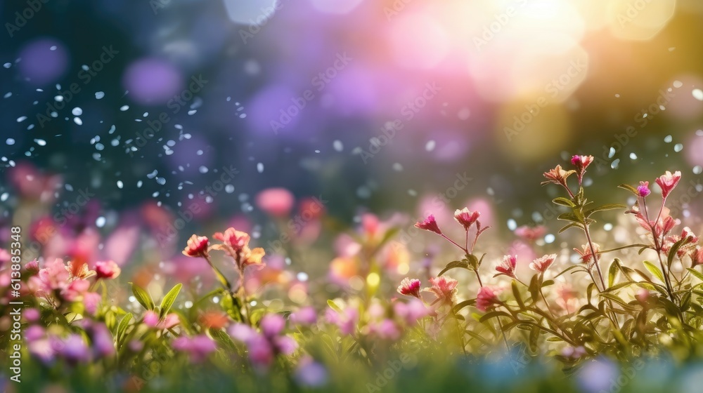 Fototapeta premium Colorful blooming meadow flowers with green grass and light splashes with bokeh lens background. Generative Ai
