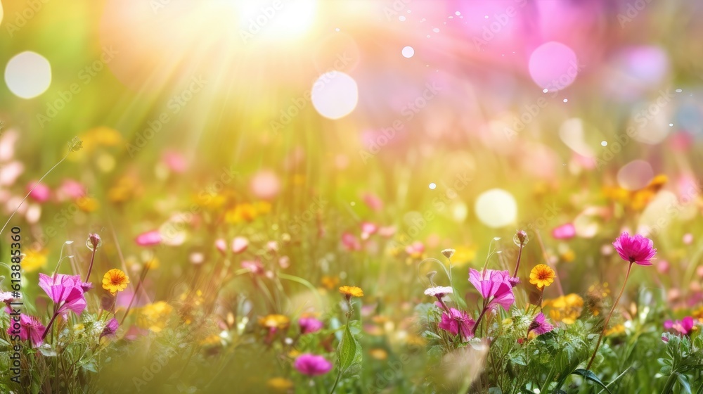 Colorful blooming  meadow flowers with green grass and light splashes with bokeh lens background. Generative Ai